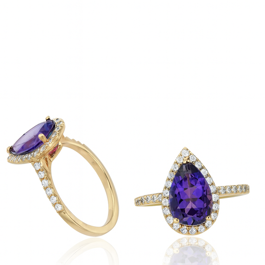 2.26 TCW Natural Pear Shape Amethyst with Diamonds 14K Rose Gold Ring