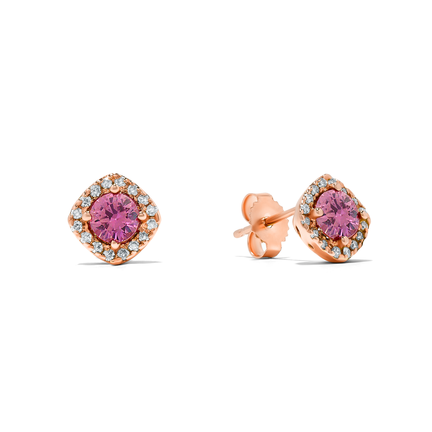 14K Rose Gold 1.15 TCW Natural Round Pink Sapphire and White Diamond Earrings