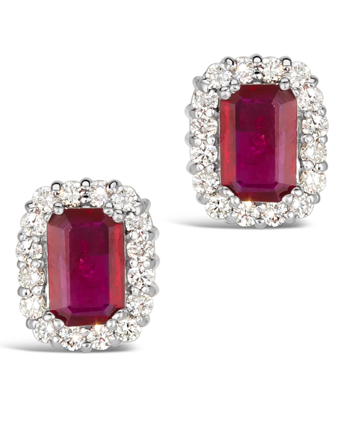 1.72 TCW Natural Octagon Cut Red Ruby with Diamonds 14K White Gold Earrings