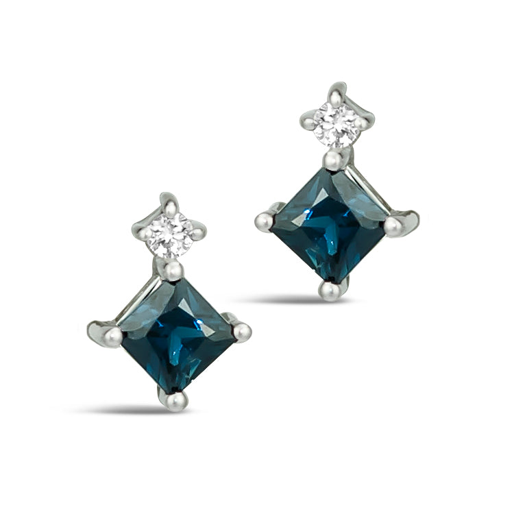 .64 TCW Natural Square Cut Blue Sapphire Diamond Studs 14K White Gold Earrings