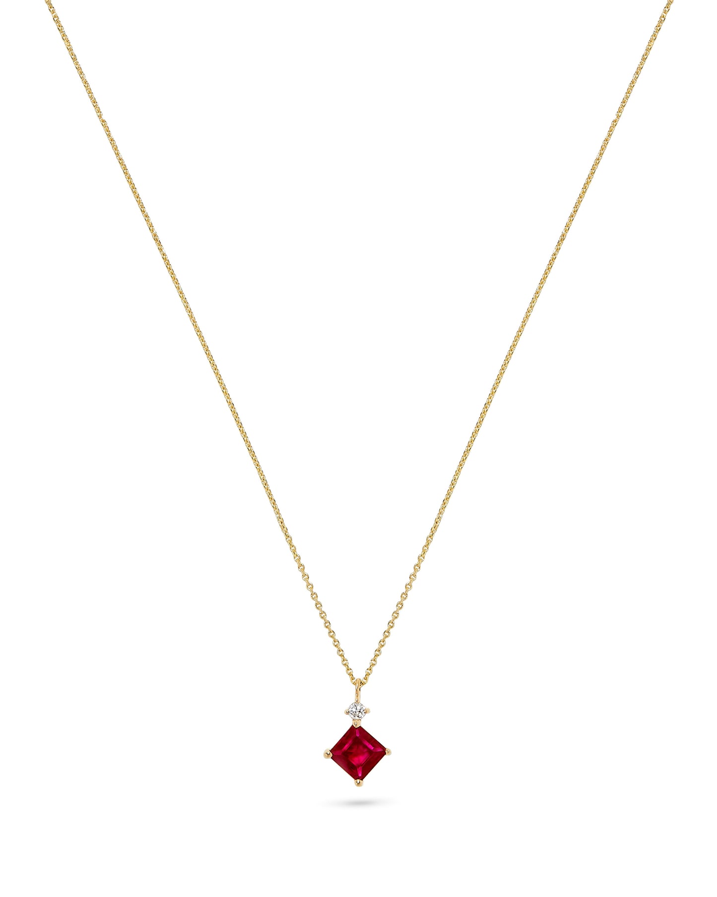 14K Yellow Gold .62 TCW Natural Square Cut Red Ruby and White Diamond Pendant