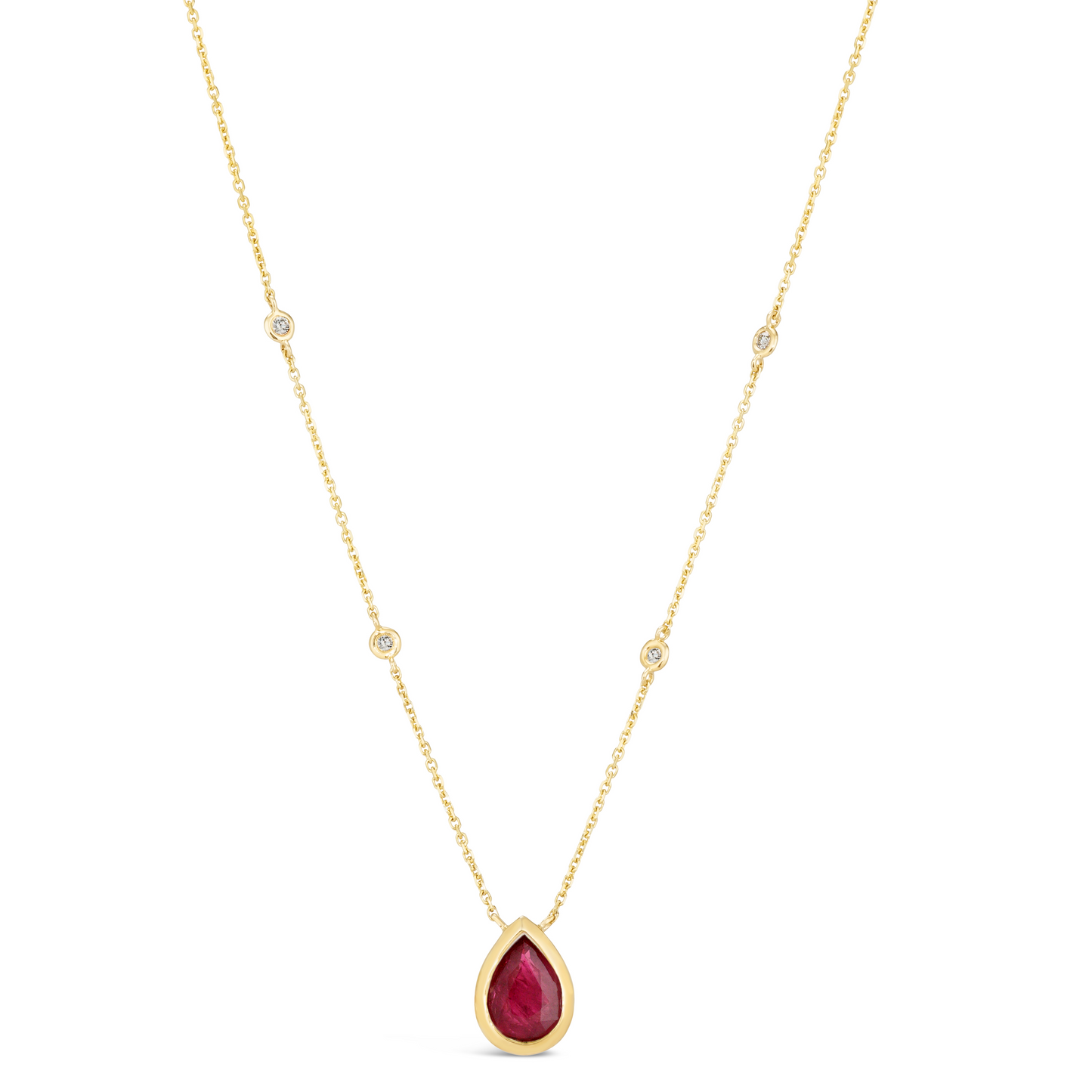 14K Yellow Gold 1.23 TCW Natural Pear Shape Red Ruby and White Diamond Pendant