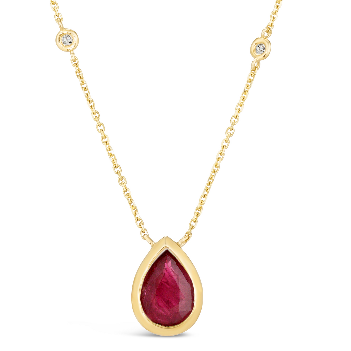 14K Yellow Gold 1.23 TCW Natural Pear Shape Red Ruby and White Diamond Pendant