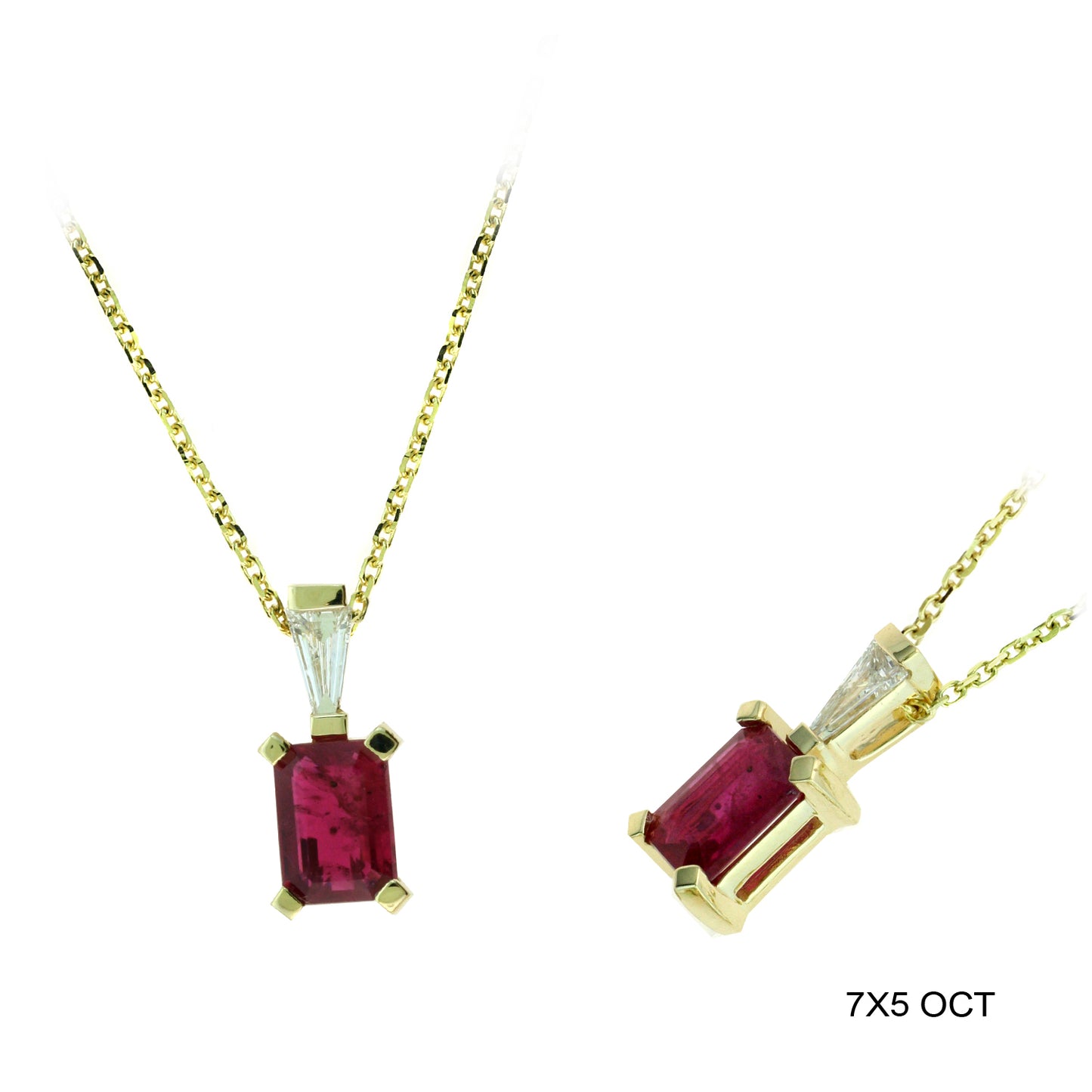 14K Yellow Gold 1.23 TCW Natural Octagon Cut Red Ruby and White Diamond Pendant