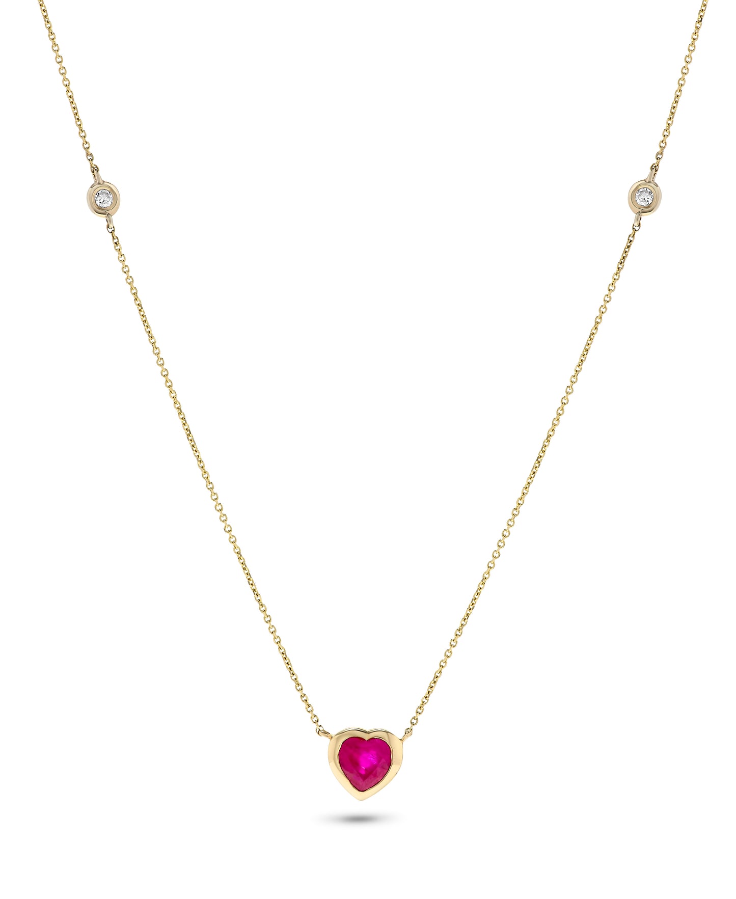 14K Yellow Gold .64 TCW Natural Heart Shape Red Ruby and White Diamond Pendant
