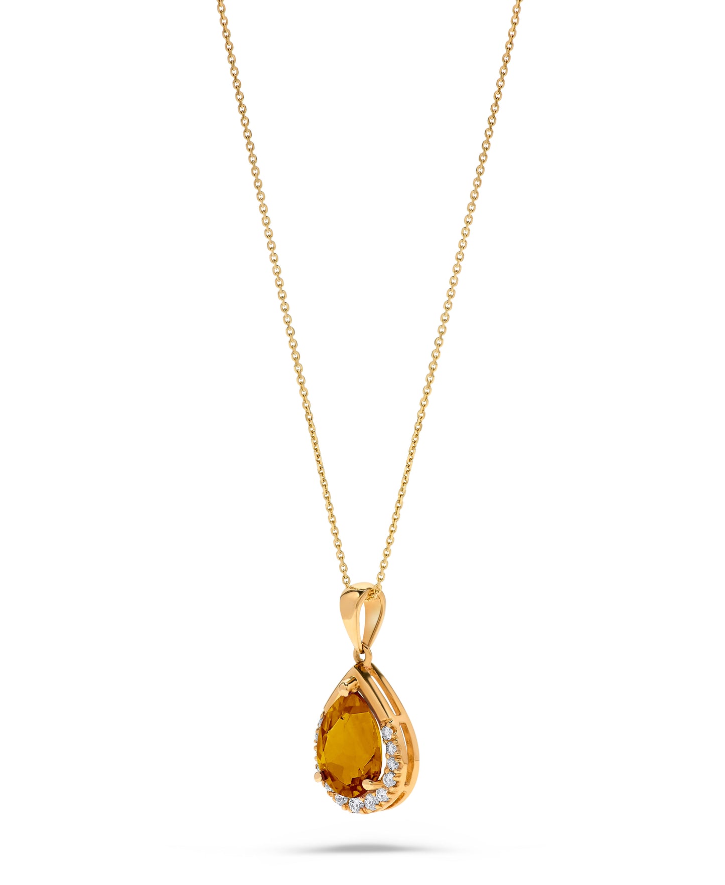 1.70 TCW Natural Pear Shaped Citrine and White Diamond 14K Yellow Gold Necklace