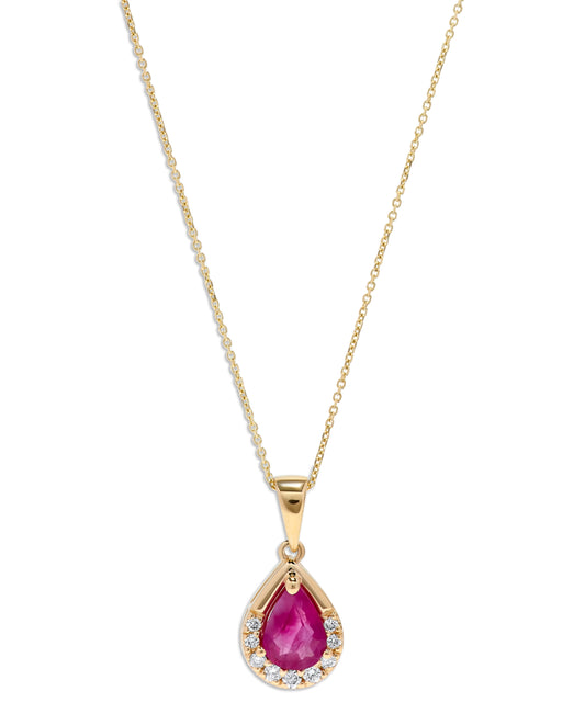 14K Yellow Gold .89 TCW Natural Pear Cut Red Ruby and Diamond Pendant