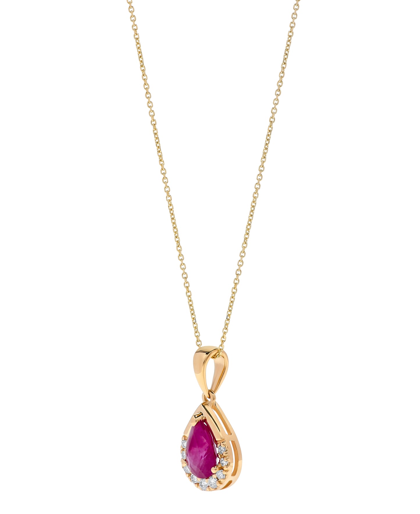 14K Yellow Gold .89 TCW Natural Pear Cut Red Ruby and Diamond Pendant