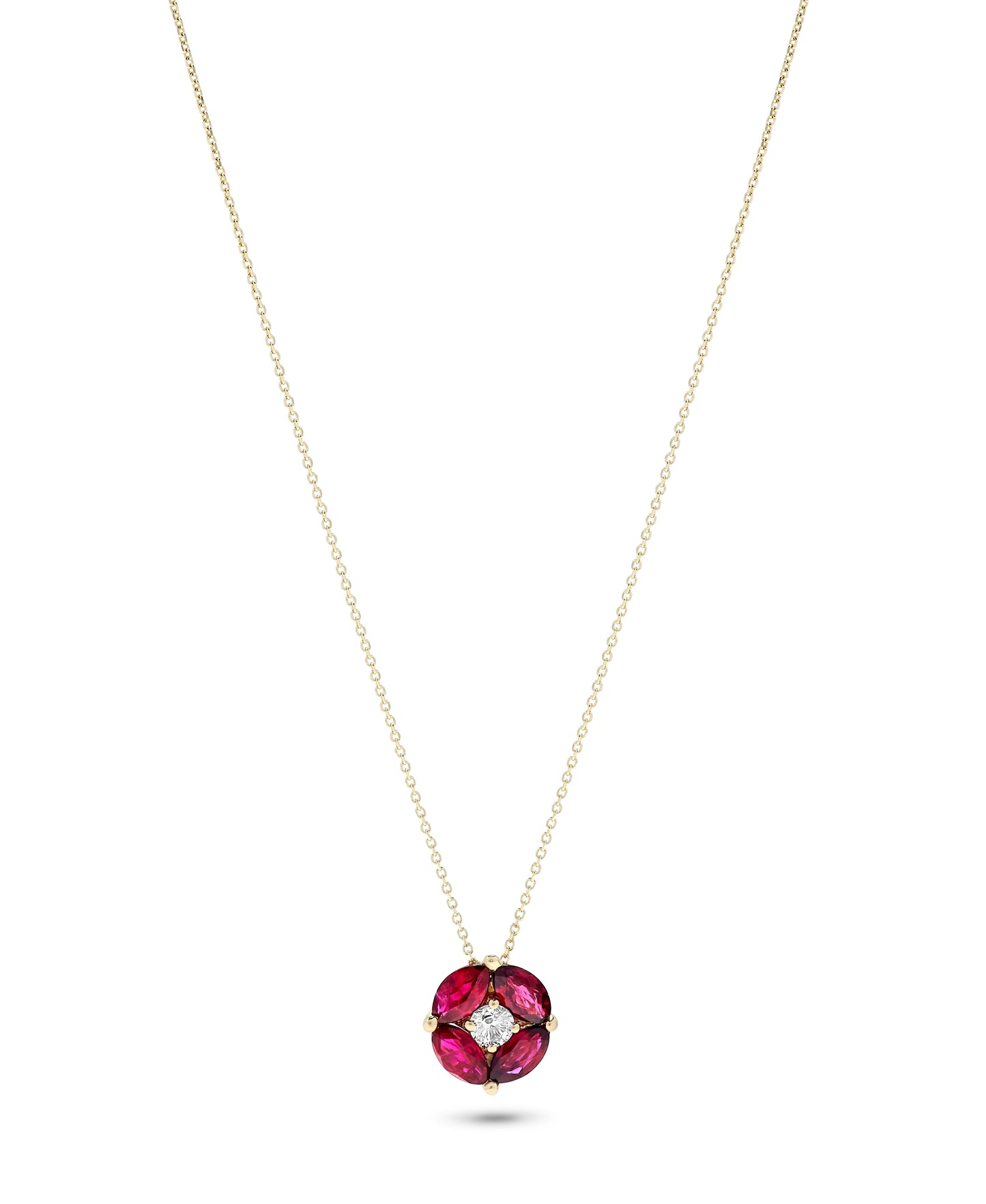 14K Yellow Gold .90 TCW Natural White Diamond Marquise Cut Red Ruby Pendant
