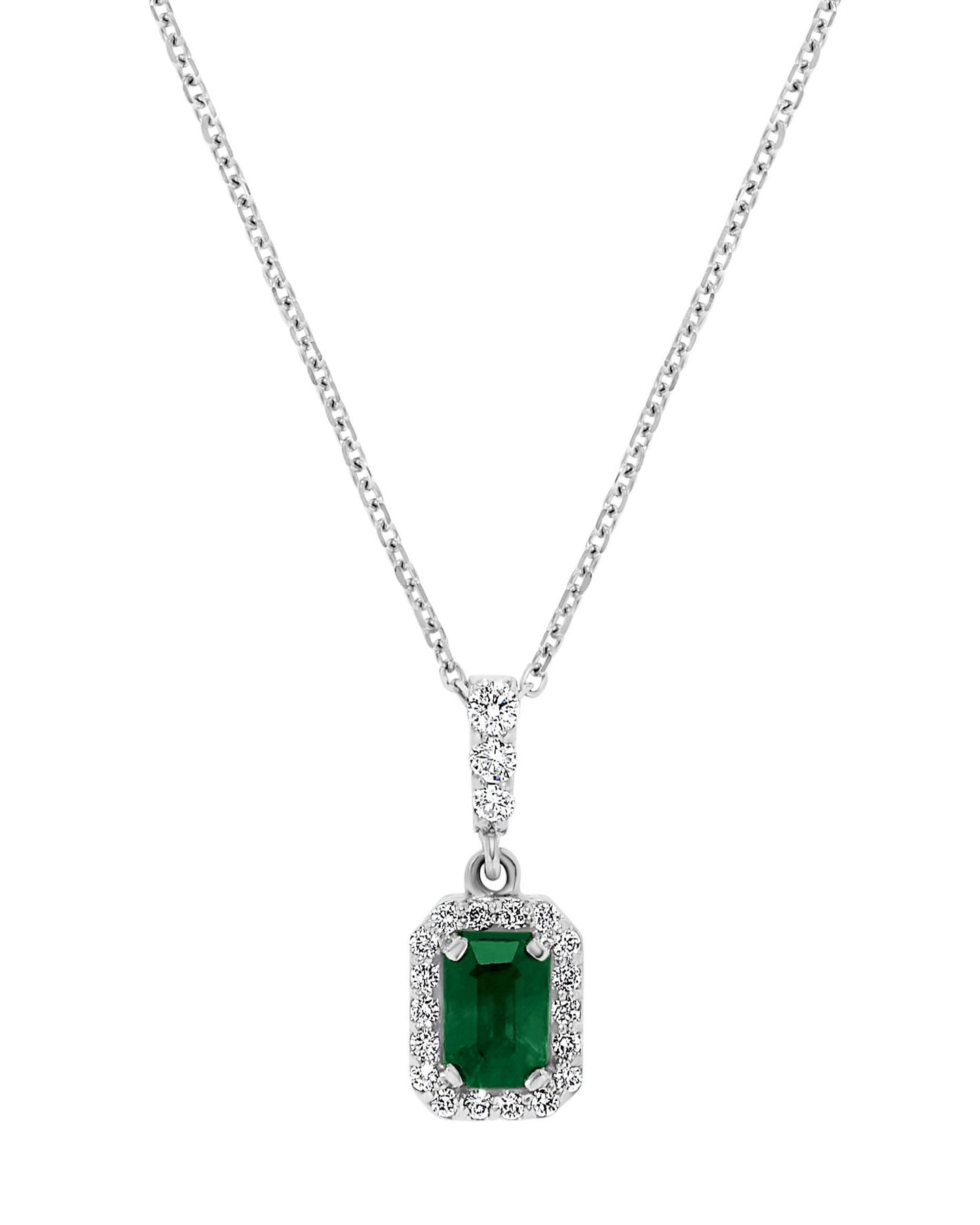 14K White Gold .78 TCW Natural Octagon Cut Emerald and White Diamond Pendant