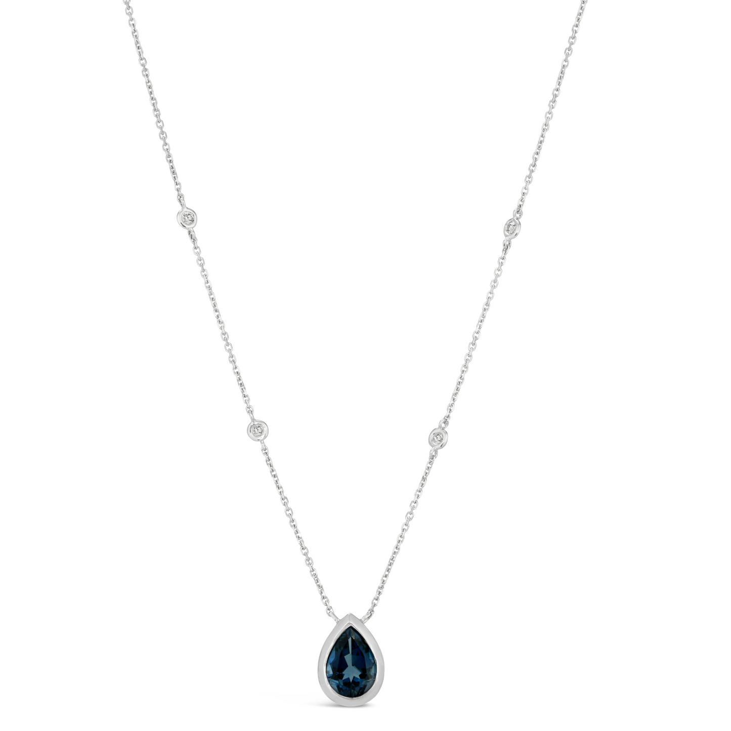 3.58 TCW Natural Pear Shape Blue Topaz and White Diamond 14K White Gold Necklace