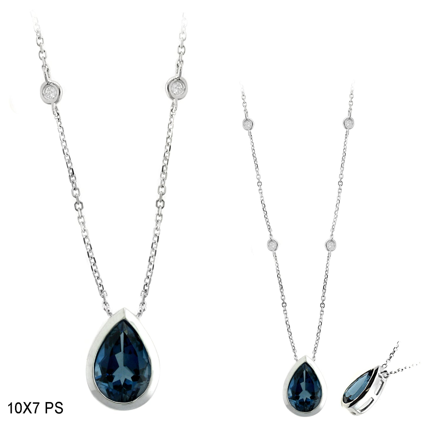 3.58 TCW Natural Pear Shape Blue Topaz and White Diamond 14K White Gold Necklace