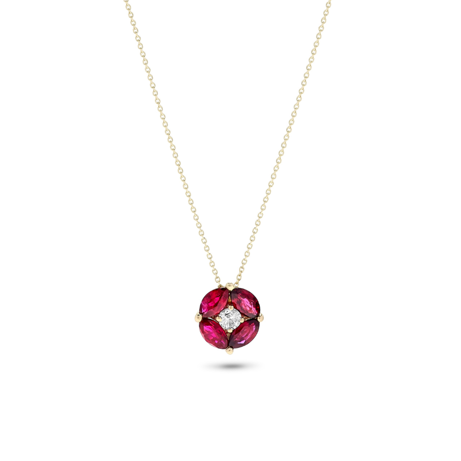 14K Yellow Gold .90 TCW Natural White Diamond Marquise Cut Red Ruby Pendant