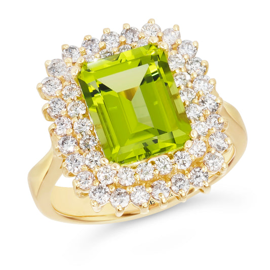 4.09 TCW Natural Octagon Cut Peridot with Diamonds 14K Yellow Gold Ring