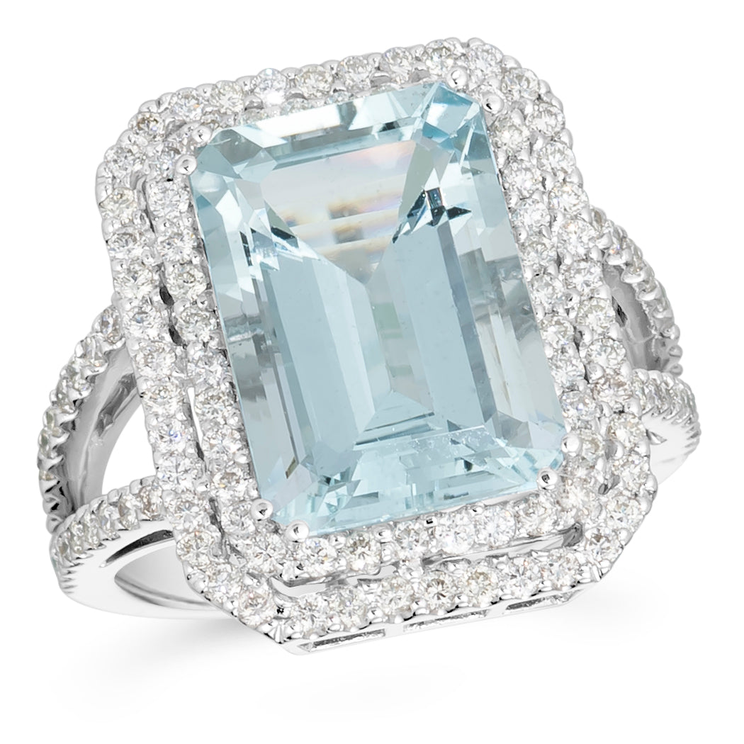 8.00 TCW Natural Octagon Cut Aquamarine with Diamonds 14K White Gold Ring