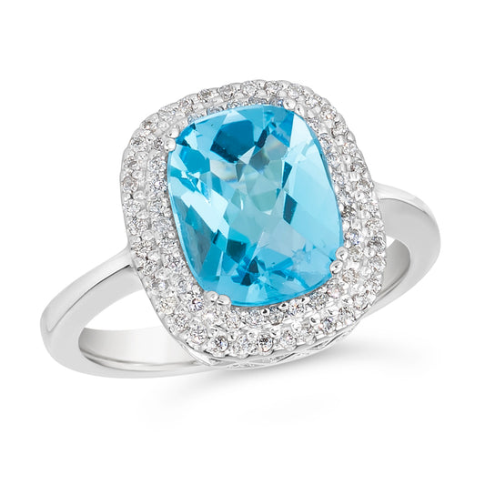 3.70 TCW Natural Cushion Cut Blue Topaz with Diamonds 14K White Gold Ring
