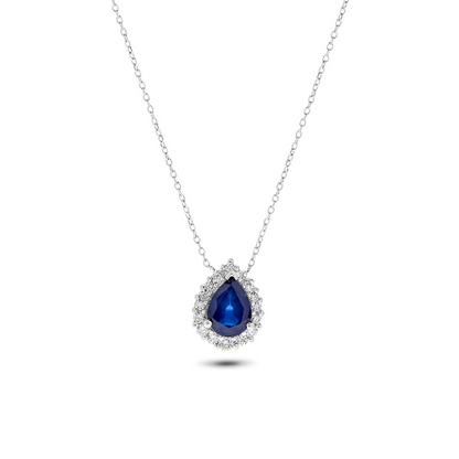 14K White Gold 1.41 TCW Natural Pear Cut Blue Sapphire and Diamond Pendant