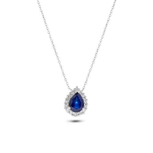 14K White Gold 1.41 TCW Natural Pear Cut Blue Sapphire and Diamond Pendant
