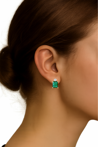 1.72 TCW Natural Octagon Cut Green Emerald & Diamonds 14K Yellow Gold Earrings
