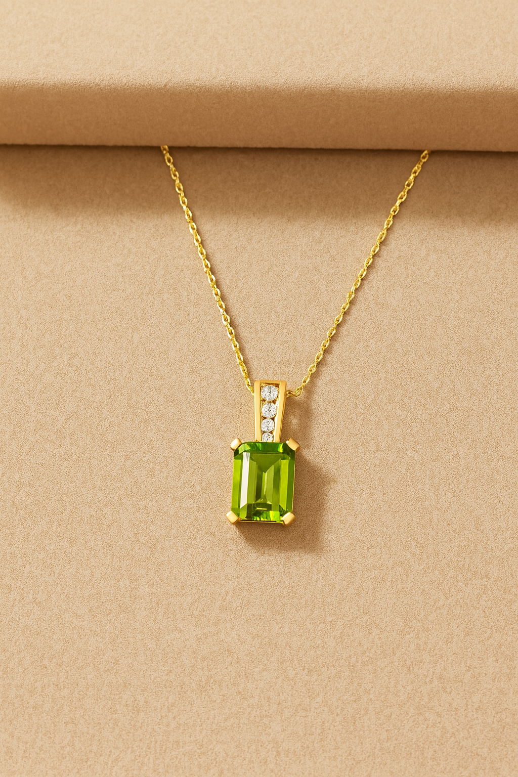 14K Yellow Gold 2.91 TCW Natural Octagon Cut Peridot and White Diamond Pendant