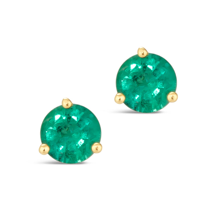 1.00 TCW Natural Round Cut Emerald 14K Yellow Gold Studs – May Birthstone