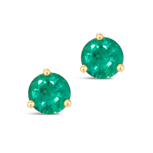 1.00 TCW Natural Round Cut Emerald 14K Yellow Gold Studs – May Birthstone