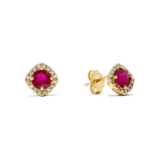 1.15 TCW Natural Round Cut Red Ruby with Diamonds 14K Yellow Gold Earrings