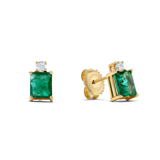 1.72 TCW Natural Octagon Cut Green Emerald & Diamonds 14K Yellow Gold Earrings