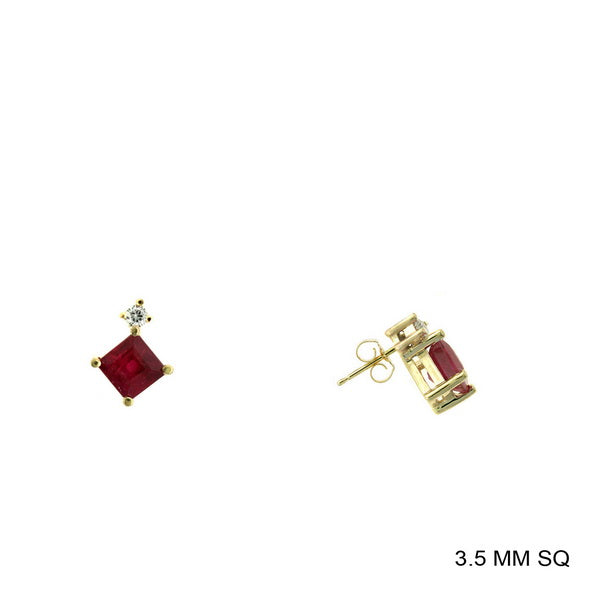 1.17 TCW Natural Square Cut Red Ruby with Diamonds 14K Yellow Gold Earrings