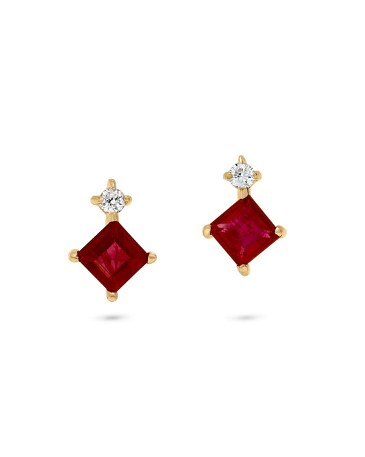 1.17 TCW Natural Square Cut Red Ruby with Diamonds 14K Yellow Gold Earrings