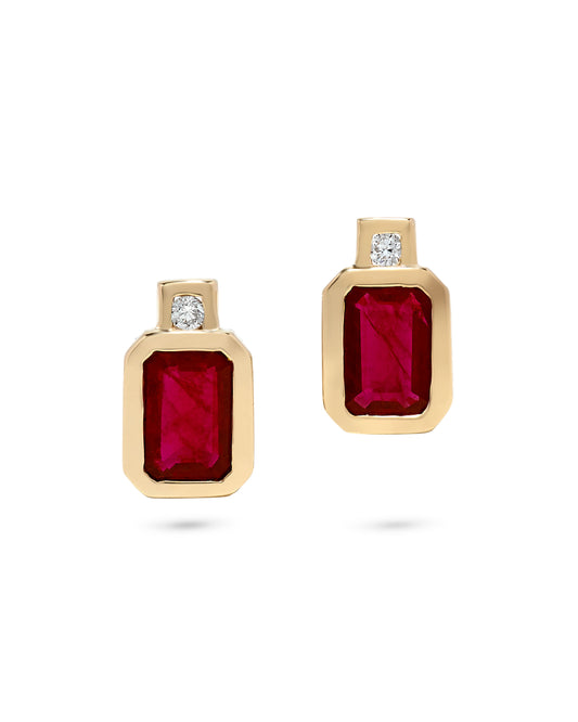 1.43 TCW Natural Octagon Cut Red Ruby with Diamonds 14K Yellow Gold Earrings