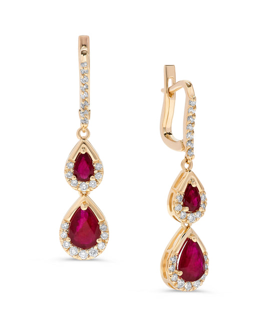 2.50 TCW Natural Pear Shaped Red Ruby Earrings with Diamonds 14K Yellow Gold