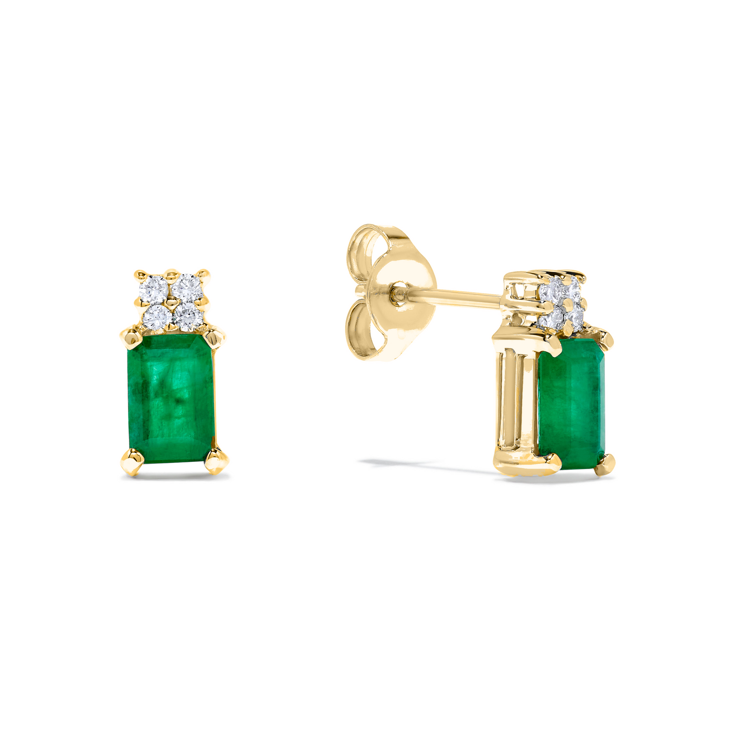 1.28 TCW Natural Octagon Cut Green Emerald & Diamonds 14K Yellow Gold Earrings