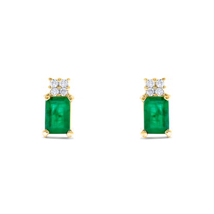 1.28 TCW Natural Octagon Cut Green Emerald & Diamonds 14K Yellow Gold Earrings