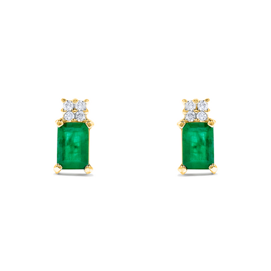 1.28 TCW Natural Octagon Cut Green Emerald & Diamonds 14K Yellow Gold Earrings
