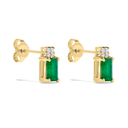 1.28 TCW Natural Octagon Cut Green Emerald & Diamonds 14K Yellow Gold Earrings