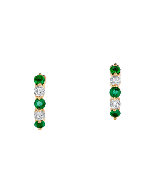 .50 TCW Natural Round Cut Emerald & Diamond 14K Yellow Gold Hoop Earrings