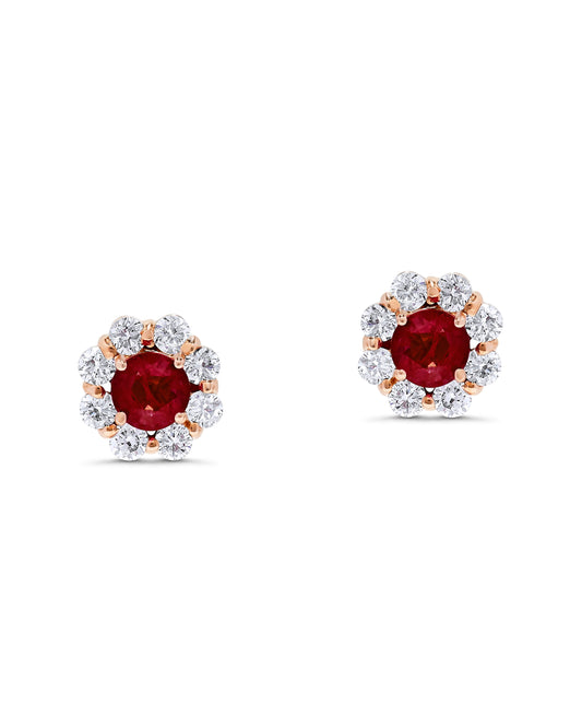 1.16 TCW Natural Round Cut Red Ruby & Diamonds 14K Rose Gold Earrings