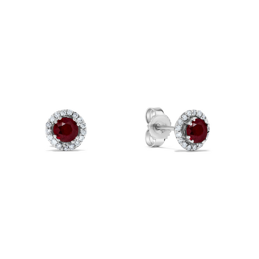 .73 TCW Natural Round Cut Red Ruby 14K White Gold Studs - September Birthstone