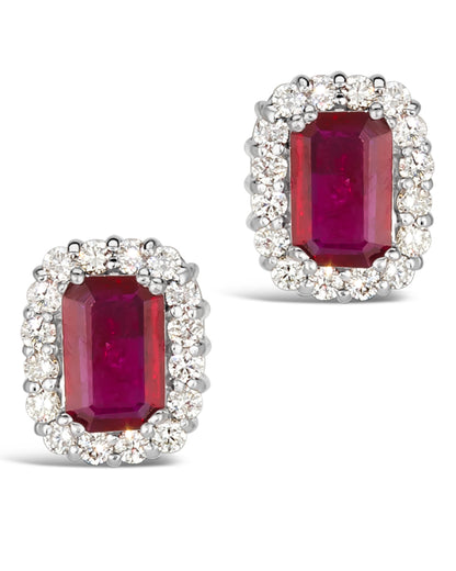 1.72 TCW Natural Octagon Cut Red Ruby with Diamonds 14K White Gold Earrings