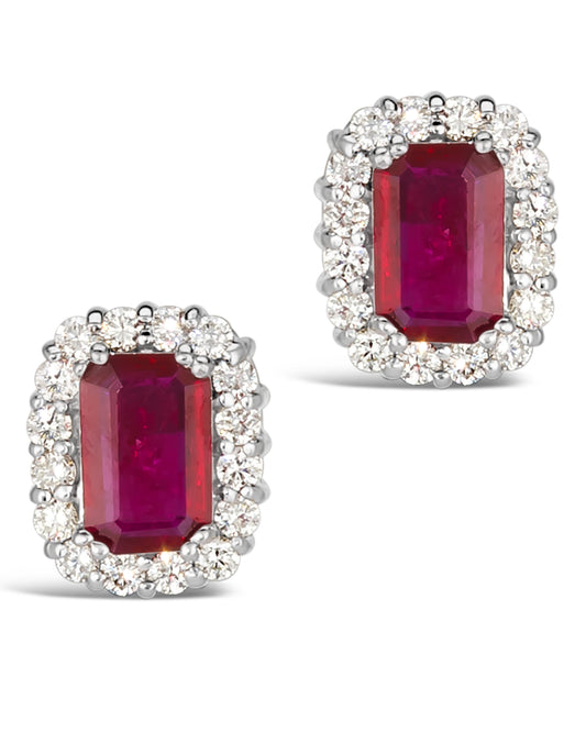 1.72 TCW Natural Octagon Cut Red Ruby with Diamonds 14K White Gold Earrings