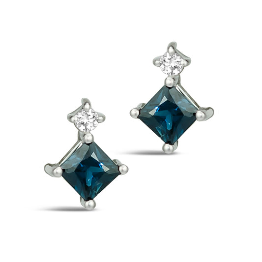 .64 TCW Natural Square Cut Blue Sapphire Diamond Studs 14K White Gold Earrings