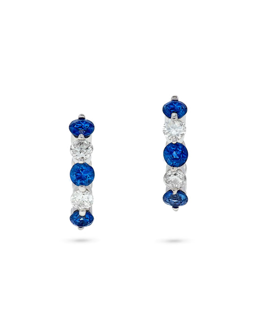 .65 TCW Natural Round Cut Blue Sapphire & Diamonds 14K White Gold Hoop Earrings