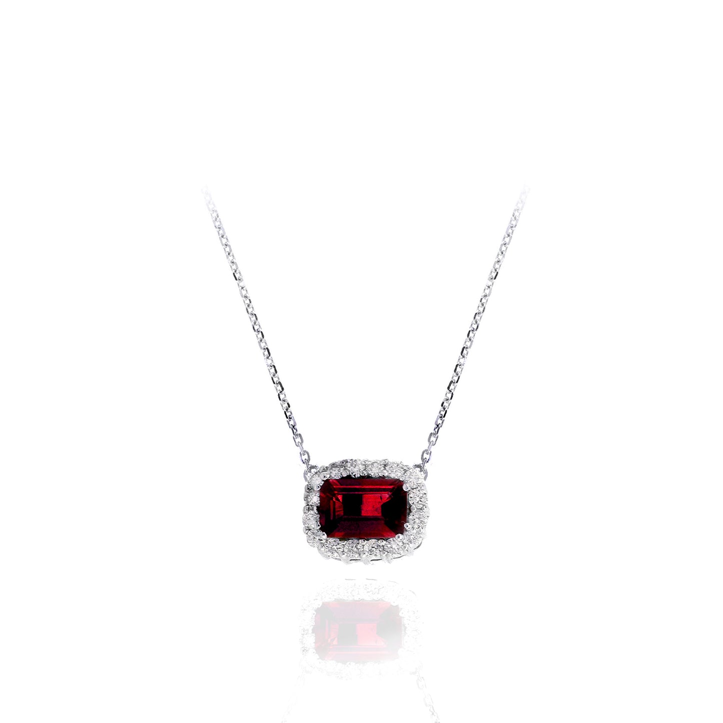 14K White Gold .86 TCW Natural Octagon Cut Red Ruby and White Diamond Necklace