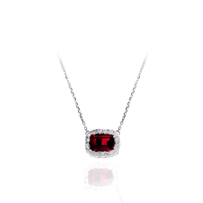 14K White Gold .86 TCW Natural Octagon Cut Red Ruby and White Diamond Necklace