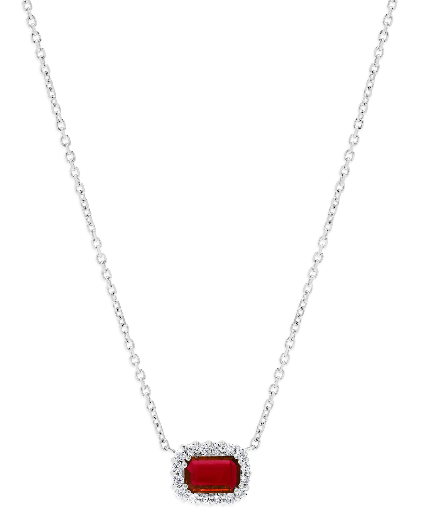 14K White Gold .86 TCW Natural Octagon Cut Red Ruby and White Diamond Necklace