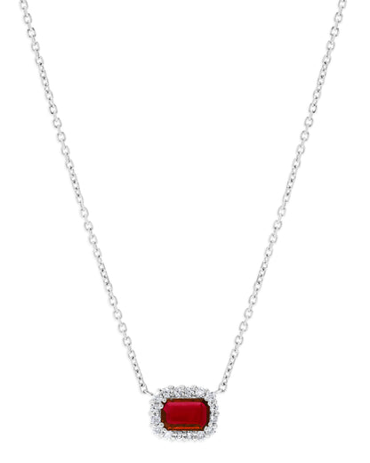 14K White Gold .86 TCW Natural Octagon Cut Red Ruby and White Diamond Necklace