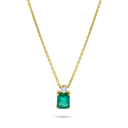 14K Yellow Gold .86 TCW Natural Octagon Cut Emerald and White Diamonds Pendant