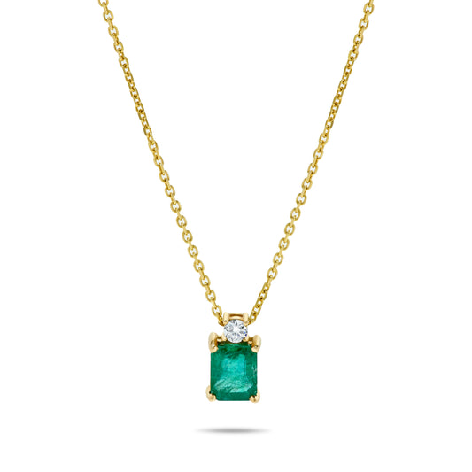 14K Yellow Gold .86 TCW Natural Octagon Cut Emerald and White Diamonds Pendant