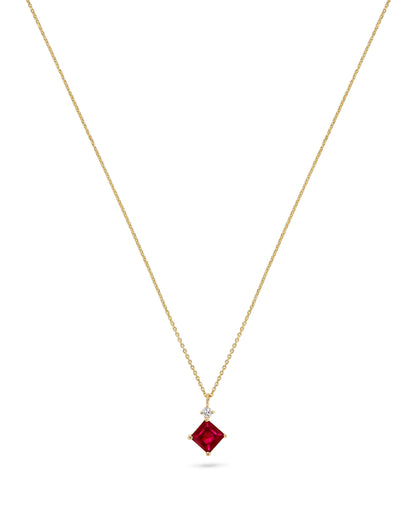 14K Yellow Gold .62 TCW Natural Square Cut Red Ruby and White Diamond Pendant